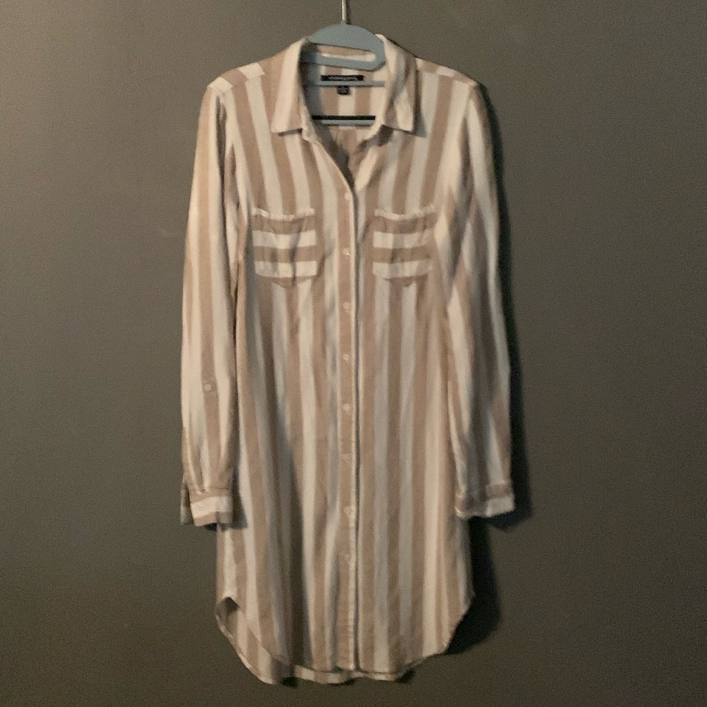 Sharagano Cotton Cream & Beige Shirtdress Long Sleeve with Pockets. Size 8